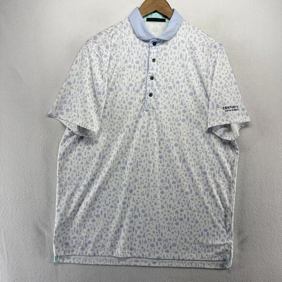 Greyson Polo Shirt Men's large White Blue Geometric All over Print Stretch Tech - Picture 2 of 8